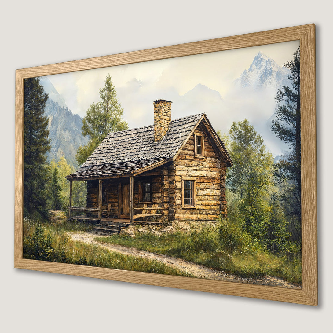 Framed Poster of a rustic cabin in a forest, showcasing a warm, natural color palette. Perfect for cozy home decor.