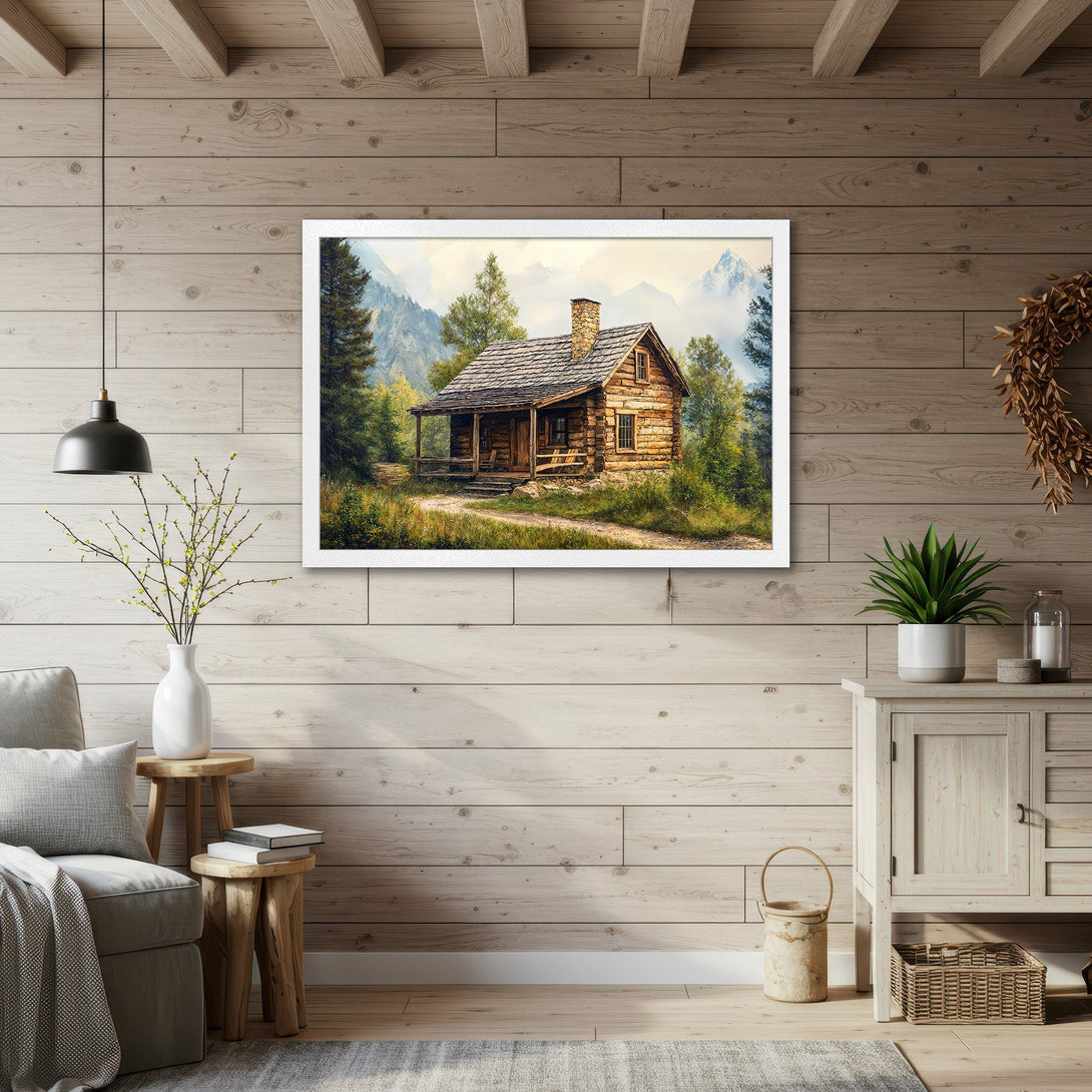 Framed Poster of a cozy cabin in a rustic style with a warm, natural color palette. Perfect for adding a touch of nature to your home!