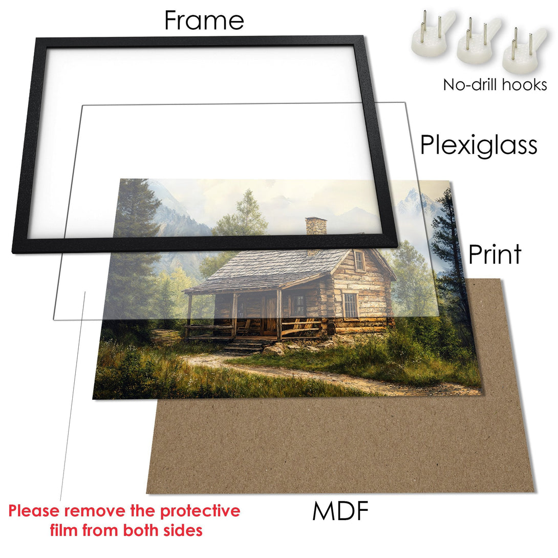 Framed Poster of a rustic cabin in a natural setting with a warm color palette. Perfect wall art!