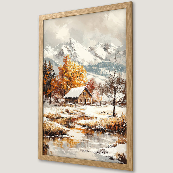 Framed Poster of a snowy cabin scene with mountains and autumn colors. Rustic style, warm earth-tone palette. Perfect wall art!