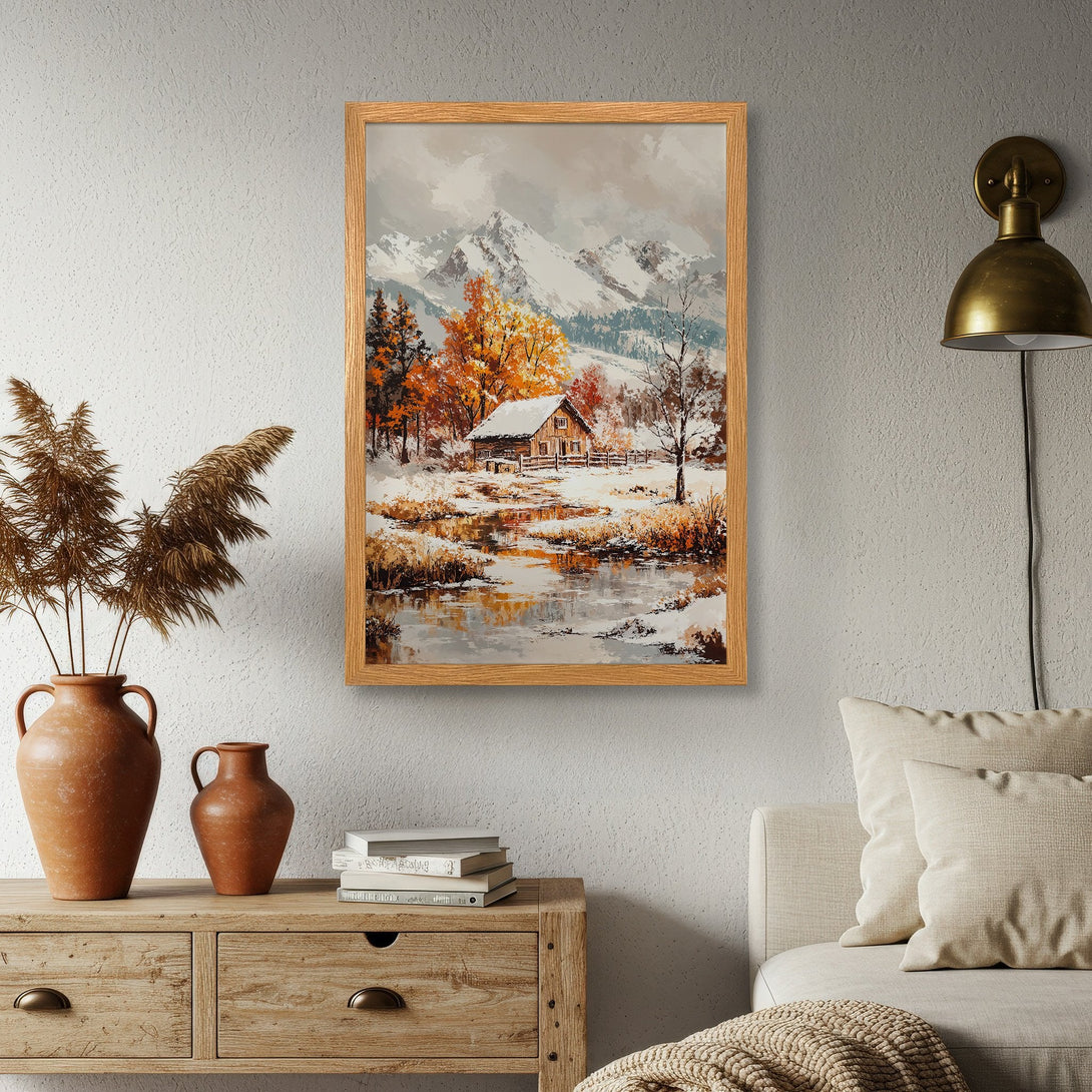 Framed Poster of a cozy cabin in a winter landscape with warm autumn colors. Perfect wall art for your home!