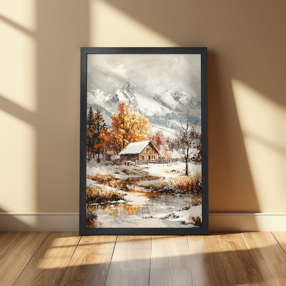 Framed Poster of a winter landscape with a cabin, mountains, and snow. Warm, autumnal color palette. Perfect wall art for your home!