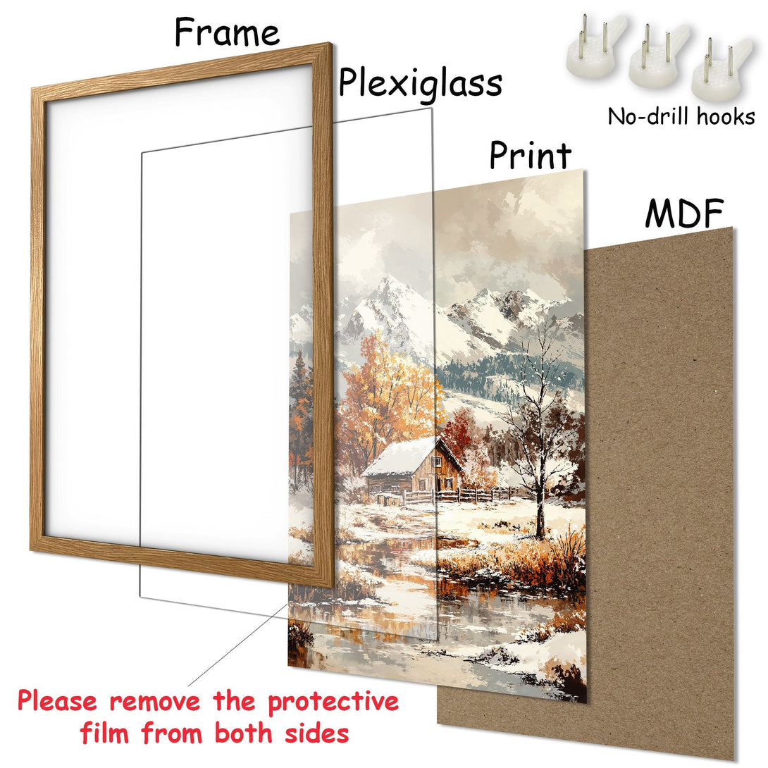 Framed Poster of a winter landscape scene with a cabin, neutral tones. Ready to hang art for your home.