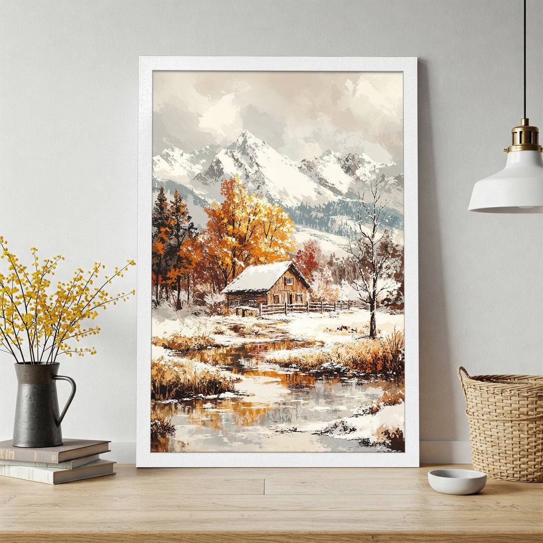 Framed Poster of a winter landscape with a cabin, in a painterly style, featuring a warm, neutral color palette.