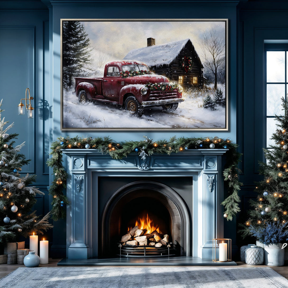 Framed Wall Art: Cozy winter scene with a red truck in the snow. Rustic farmhouse style, warm red and cool blue color palette. Perfect holiday decor!