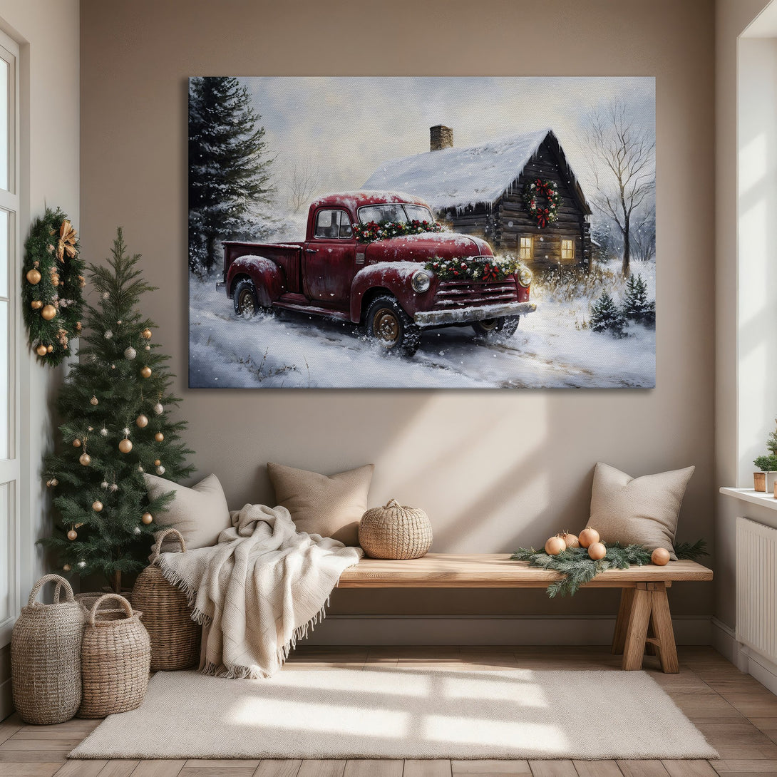 Framed Wall Art: Rustic red truck in winter scene. Cozy cabin art with gold frame. Warm, inviting color palette for holiday decor.