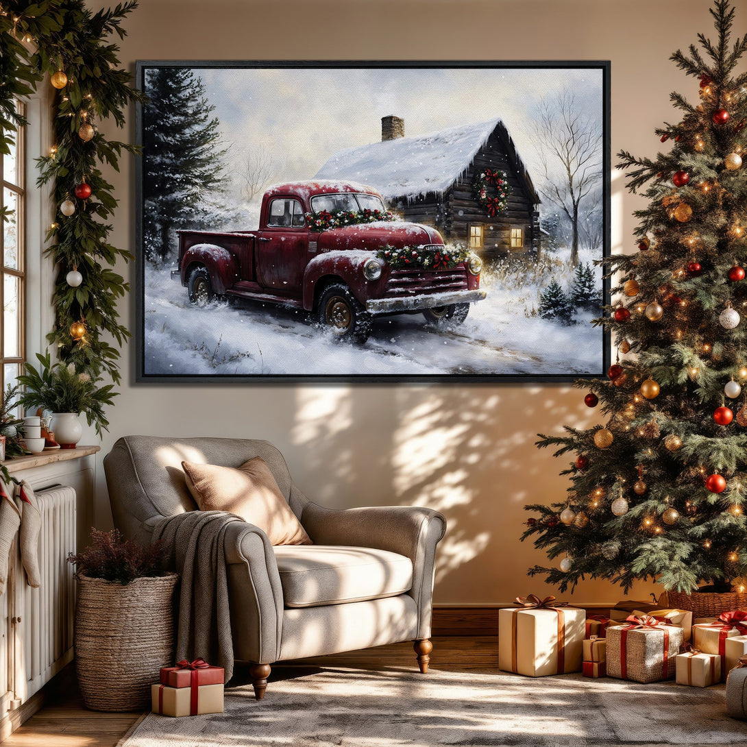 Framed Wall Art: Vintage red truck in snowy winter scene. Rustic style, warm color palette. Perfect Christmas decor for cozy living rooms.