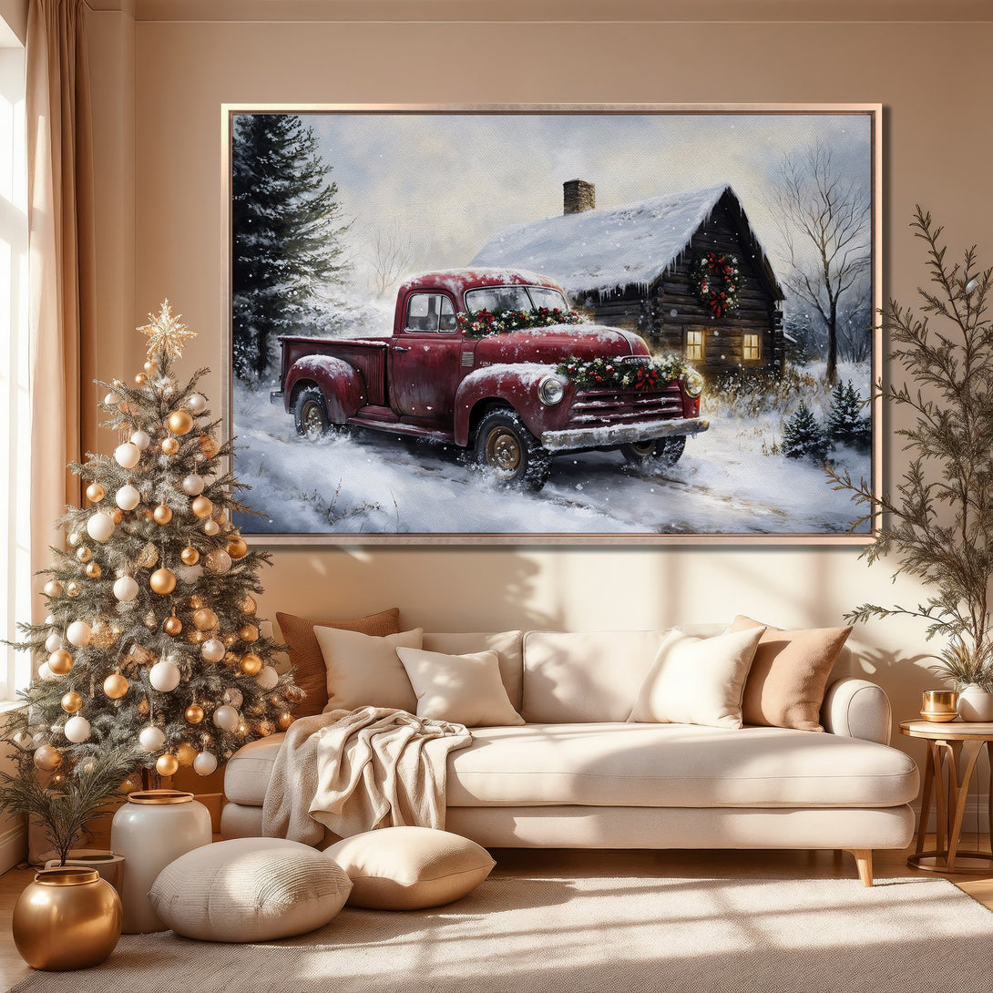 Framed Wall Art: Winter scene with red truck in snow. Rustic style, warm neutral color palette. Perfect for holiday decor.