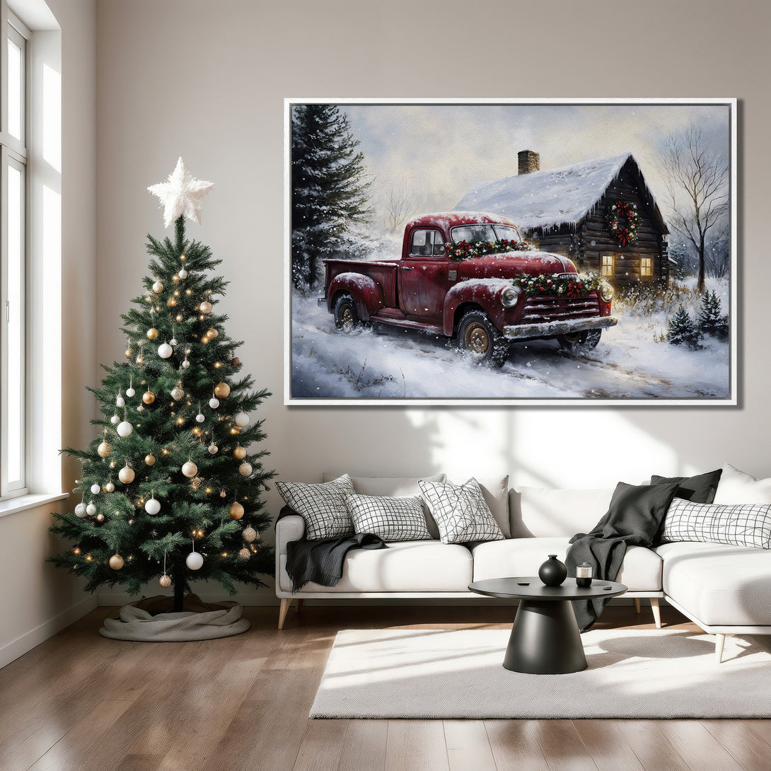 Framed Wall Art: Rustic red truck in a winter scene. Cozy holiday decor with a snowy cabin. Warm, inviting color palette. Perfect for Christmas!