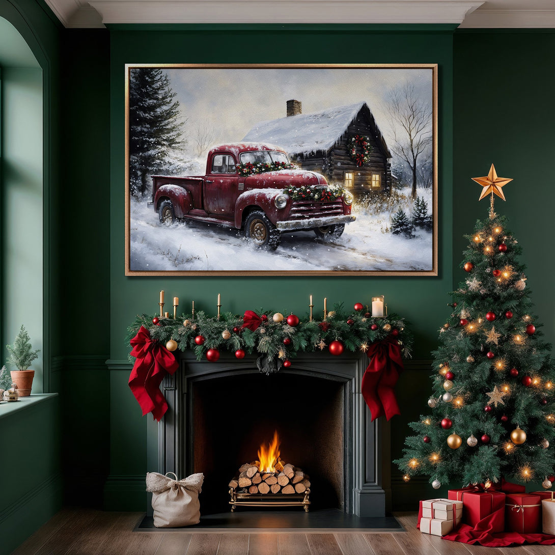 Framed Wall Art: Rustic winter scene Canvas Print featuring a red truck & snowy cabin. Warm, inviting color palette perfect for holiday decor.