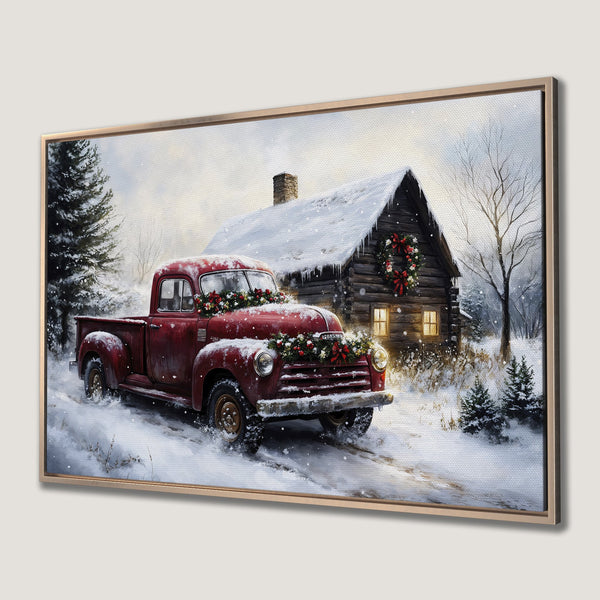 Framed Wall Art: Rustic winter scene with red truck & snowy cabin. Warm, inviting color palette, perfect for cozy decor.