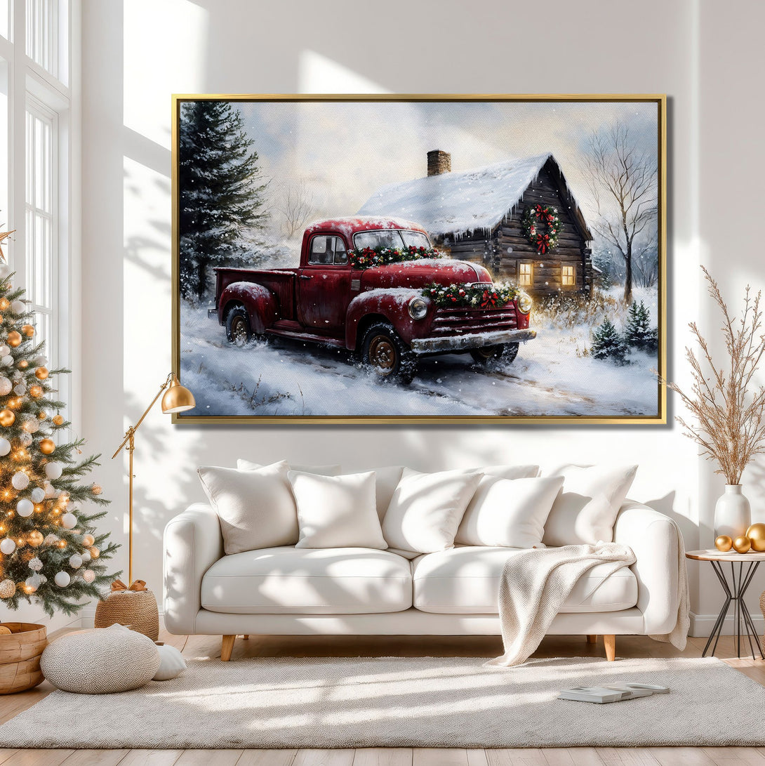 Canvas Print of a vintage red truck in a snowy winter scene, warm neutral color palette. Perfect Christmas decor!