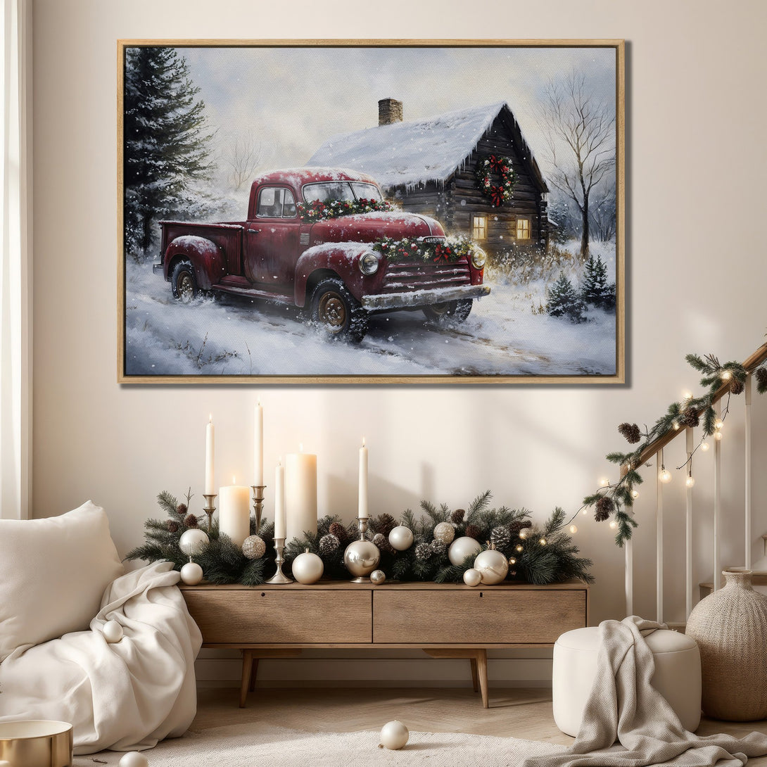 Framed Wall Art: Rustic winter scene of a red truck and snowy cabin. Warm, inviting color palette. Perfect for cozy holiday decor.