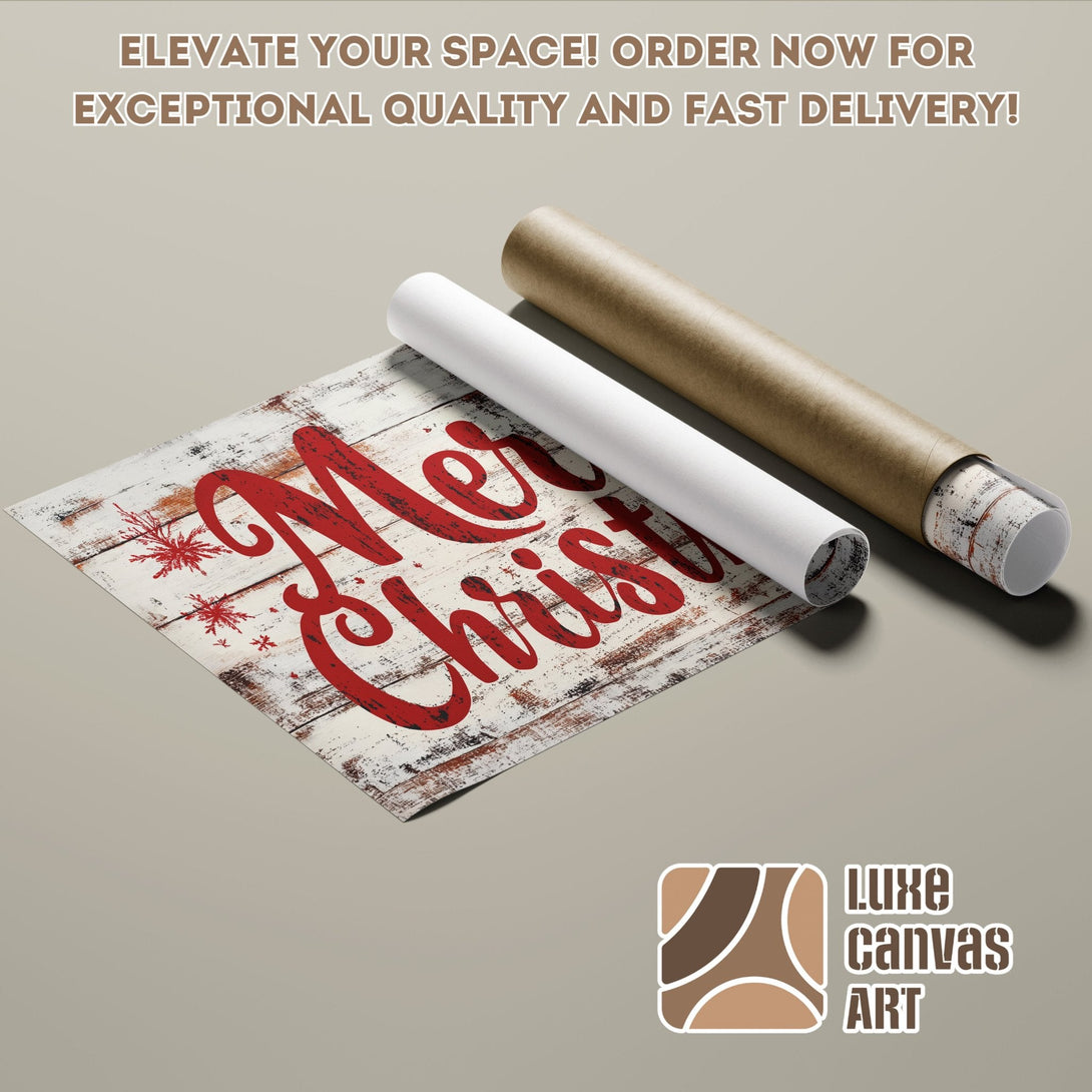 Poster Roll featuring "Merry Christmas" design in rustic style with red and white color palette. Order yours today!
