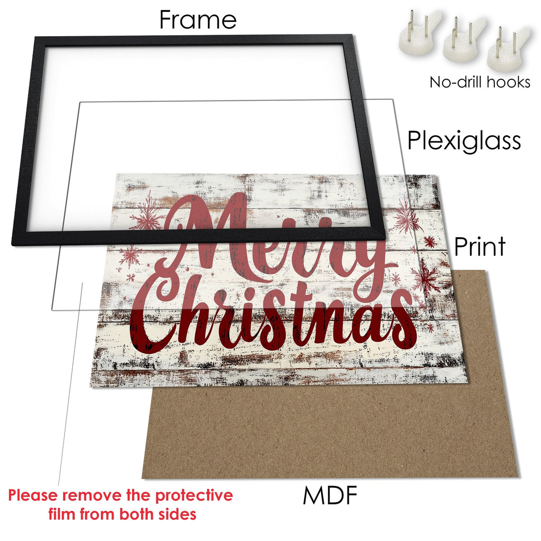 Framed Poster with "Merry Christmas" design. Rustic style with red and white color palette. Perfect holiday decor!