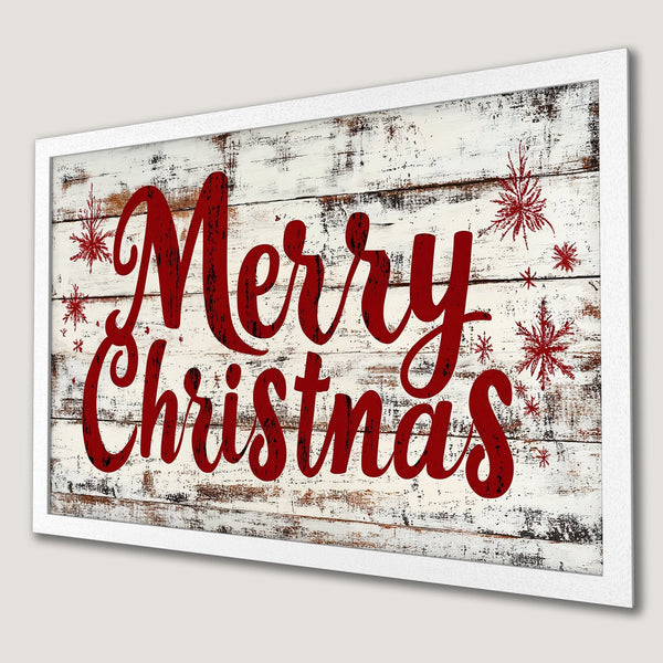 Framed Poster featuring "Merry Christmas" in red script on a rustic white wood background. Festive holiday decor.
