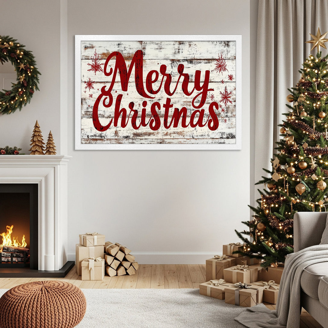Framed Poster featuring "Merry Christmas" in red, rustic style on a white wood background. Perfect holiday decor!