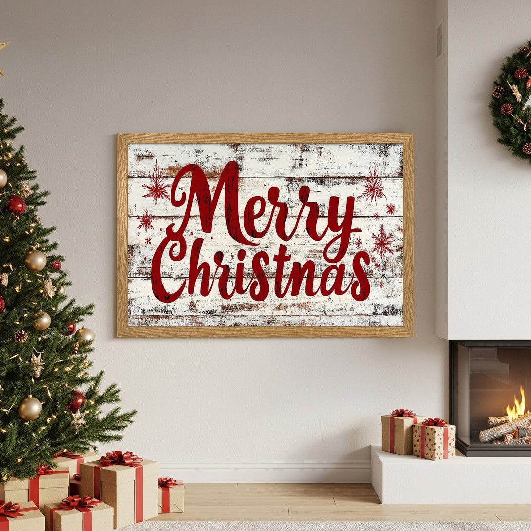 Framed Poster with "Merry Christmas" text, rustic style, red & white color palette, perfect for holiday decor.