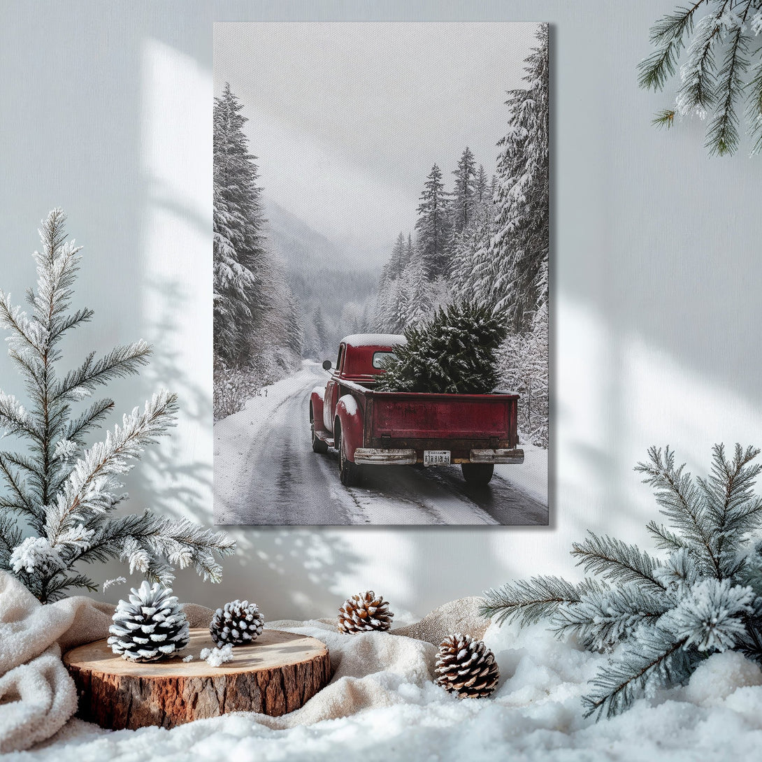 Framed Wall Art: Winter scene Canvas Print with a red truck in a snowy forest. Neutral & red palette, perfect for holiday decor.
