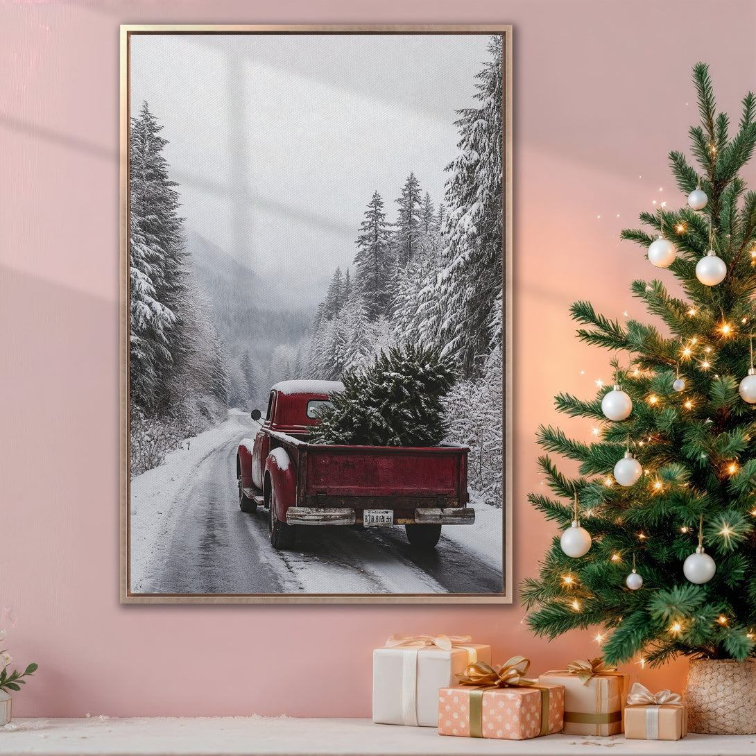 Framed Wall Art: Vintage red truck carrying a Christmas tree through a snowy forest. Rustic style, neutral & red color palette. Perfect holiday decor!