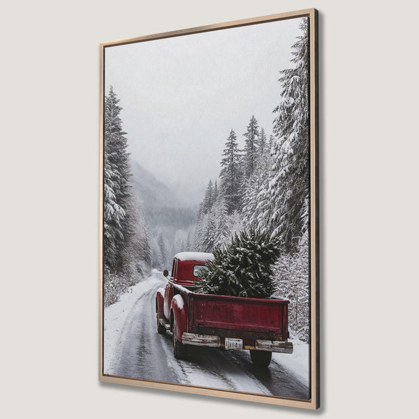 Framed Wall Art: Vintage red truck carrying a Christmas tree on a snowy road. Rustic, winter scene with a muted color palette. Perfect holiday decor.