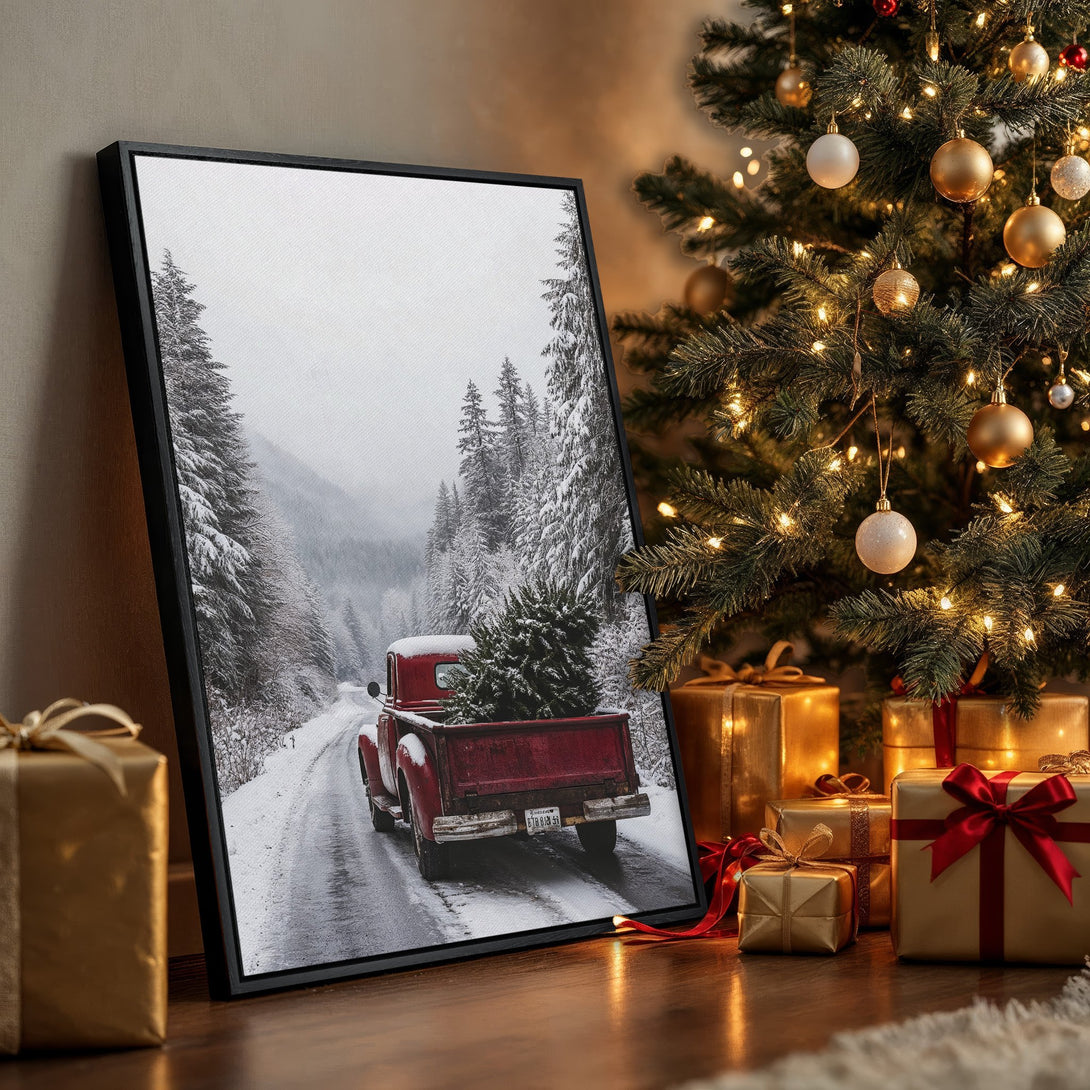 Framed Wall Art of a vintage red truck carrying a Christmas tree in a snowy forest. Rustic style with a black and white, red, and gold color palette. Perfect holiday decor.