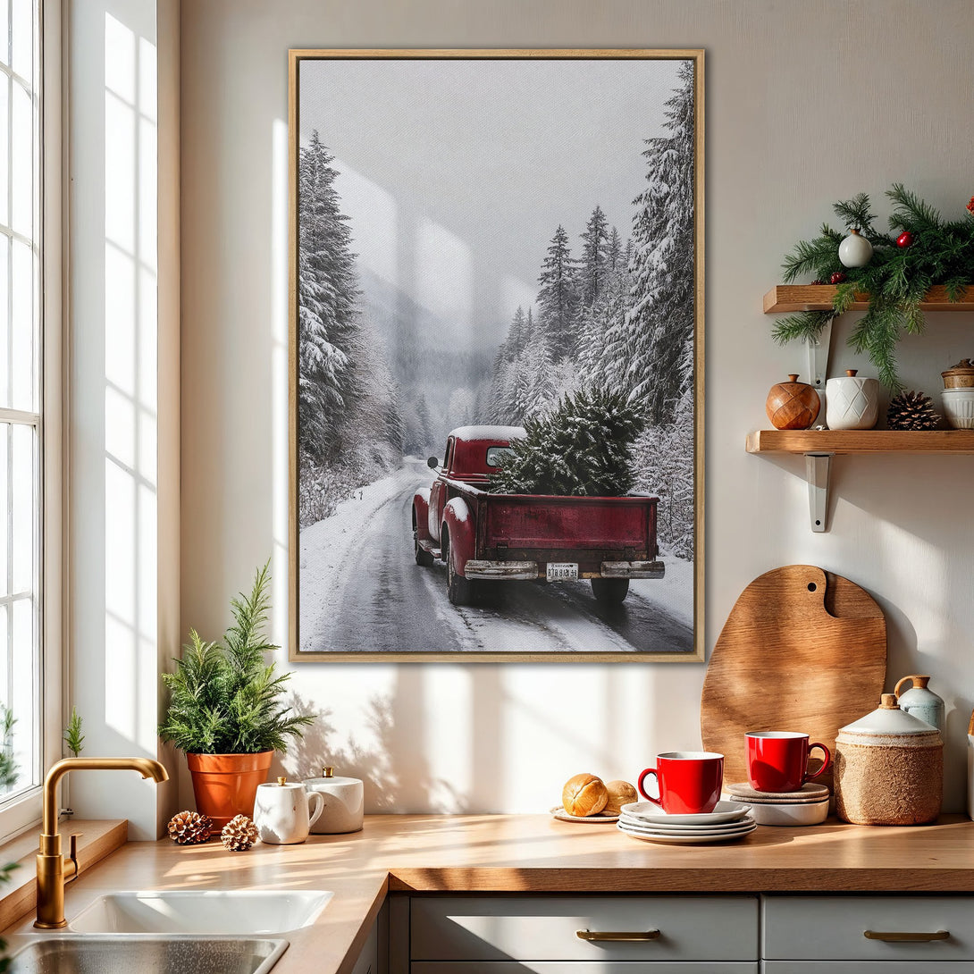 Framed Wall Art: Vintage red truck carrying a Christmas tree on a snowy road. Rustic, winter scene with a neutral color palette. Perfect holiday decor.