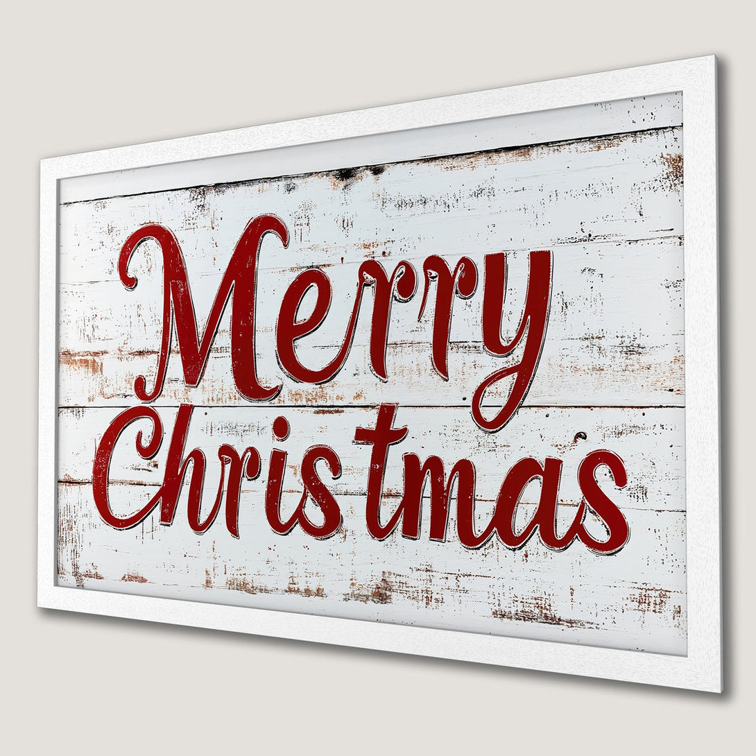 Framed Poster: "Merry Christmas" in rustic style with red text on white wood background. Perfect holiday decor!