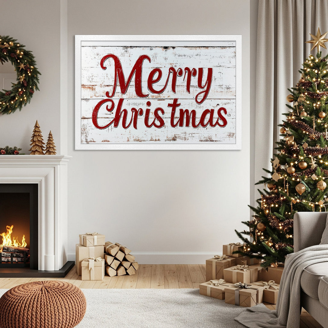 Framed Poster: Merry Christmas on rustic wood, red text, warm neutral tones, perfect holiday decor.