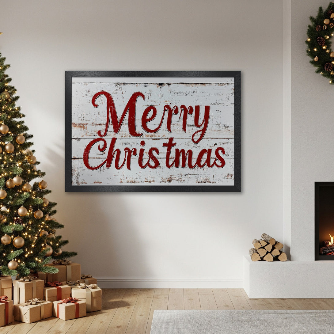 Framed Poster featuring "Merry Christmas" in red script on a rustic white wood background. Festive, warm color palette, perfect holiday decor.