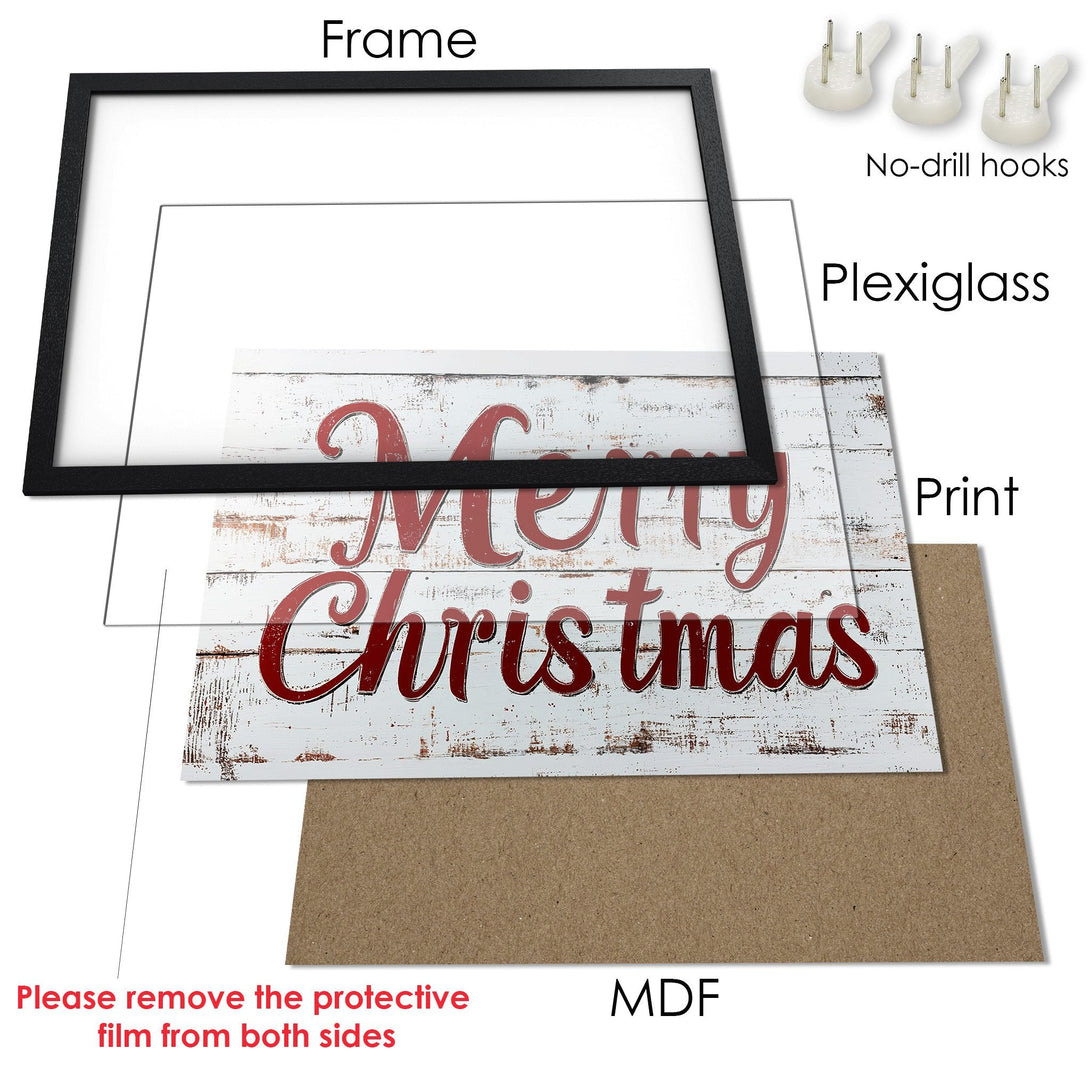 Framed Poster featuring "Merry Christmas" in red script on a rustic white background. Perfect holiday decor.