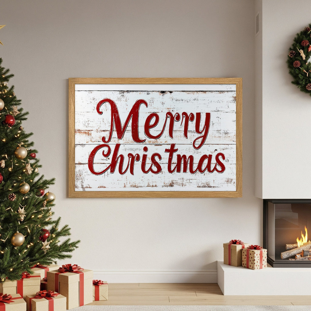 Framed Poster with "Merry Christmas" in rustic style. Red & white color palette, perfect holiday decor. Get yours today!
