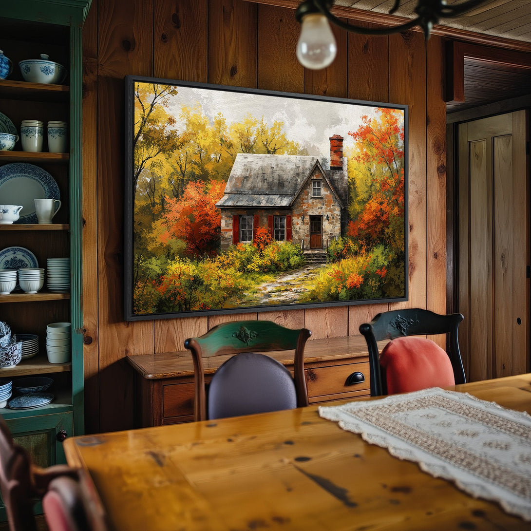 Framed Wall Art: Rustic cottage painting in warm autumn hues. Perfect for cozy interiors. Enhance your space with this beautiful Canvas Print.