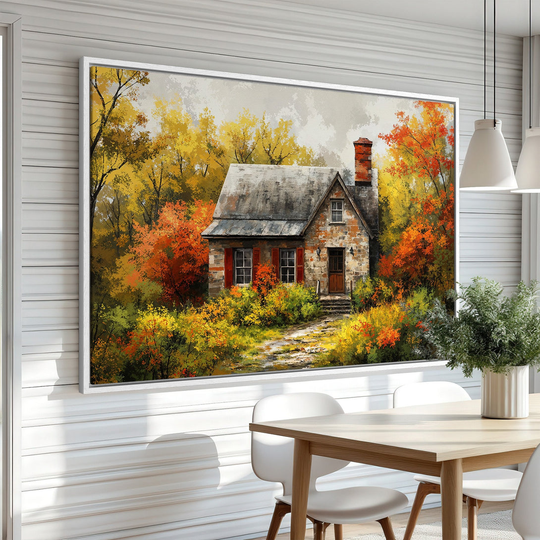 Framed Wall Art: Rustic cottage painting with vibrant autumn colors. Perfect for adding warmth and charm to your home decor.