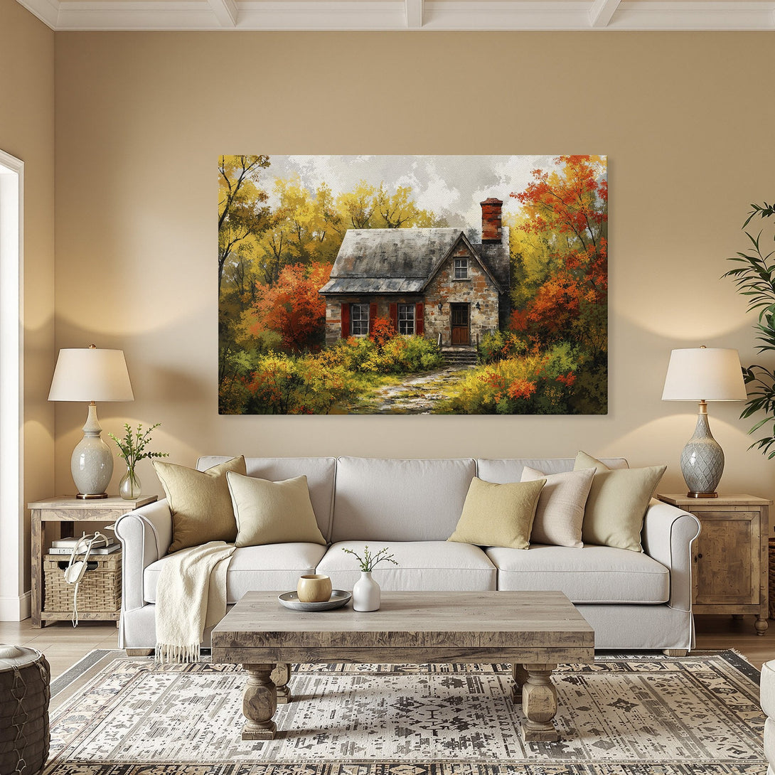 Framed Wall Art: Rustic cottage scene in warm autumn colors. Perfect for cozy interiors. Canvas Print with a vintage, painterly style.