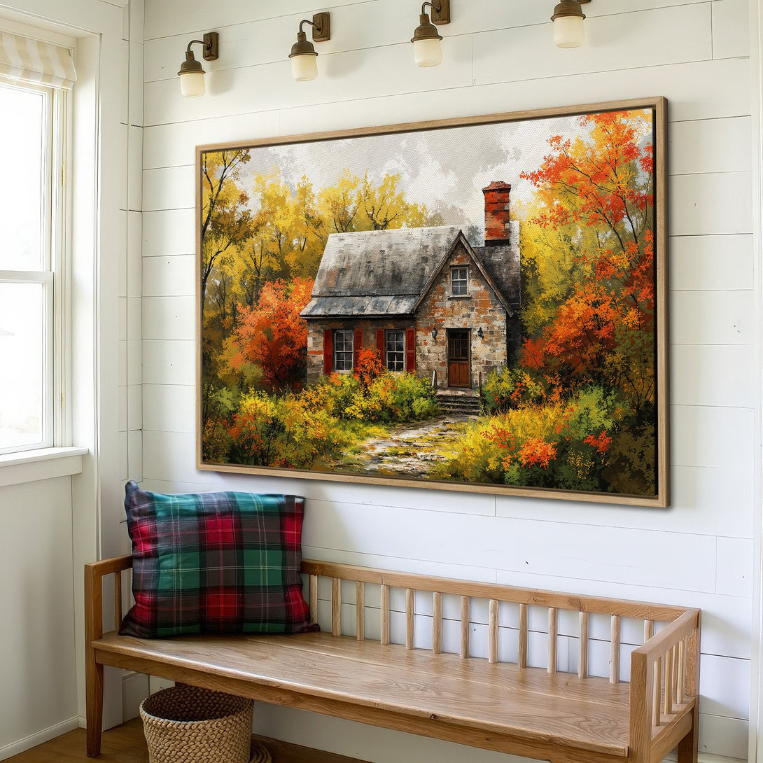 Framed Wall Art: Autumn landscape Canvas Print with a cozy cottage, warm fall colors. Perfect for adding rustic charm to your home decor.
