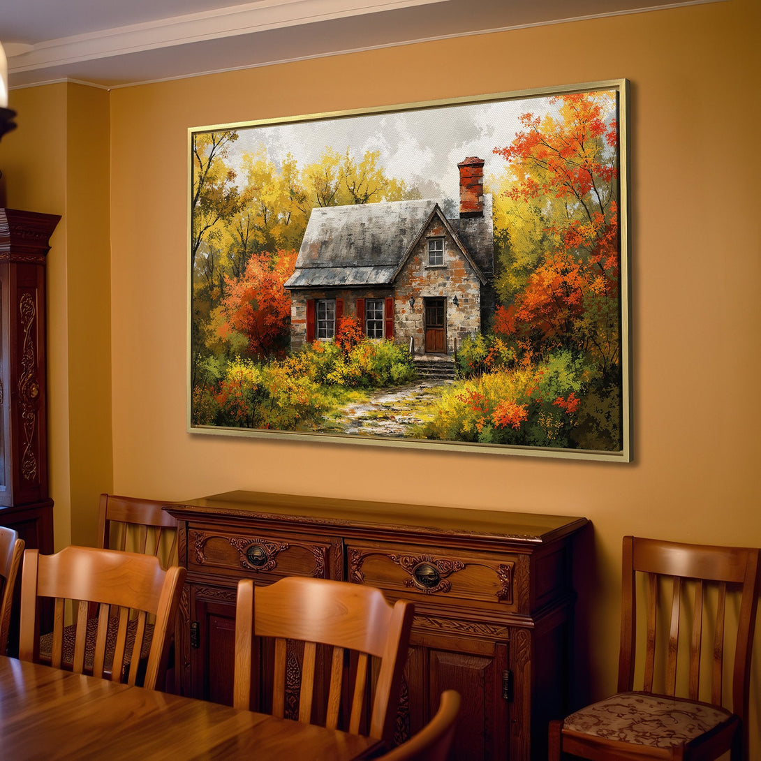 Canvas Print of a charming cottage in autumn. Warm, inviting tones of orange, yellow, and brown create a cozy, rustic style for your home.