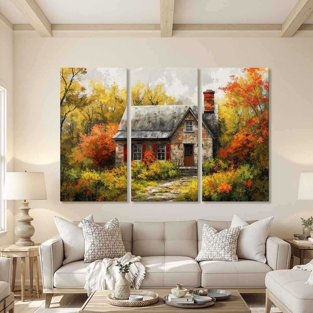 Canvas Print of a charming cottage in a vibrant autumn landscape. Warm, inviting color palette with yellows, oranges, and greens. Perfect wall art.