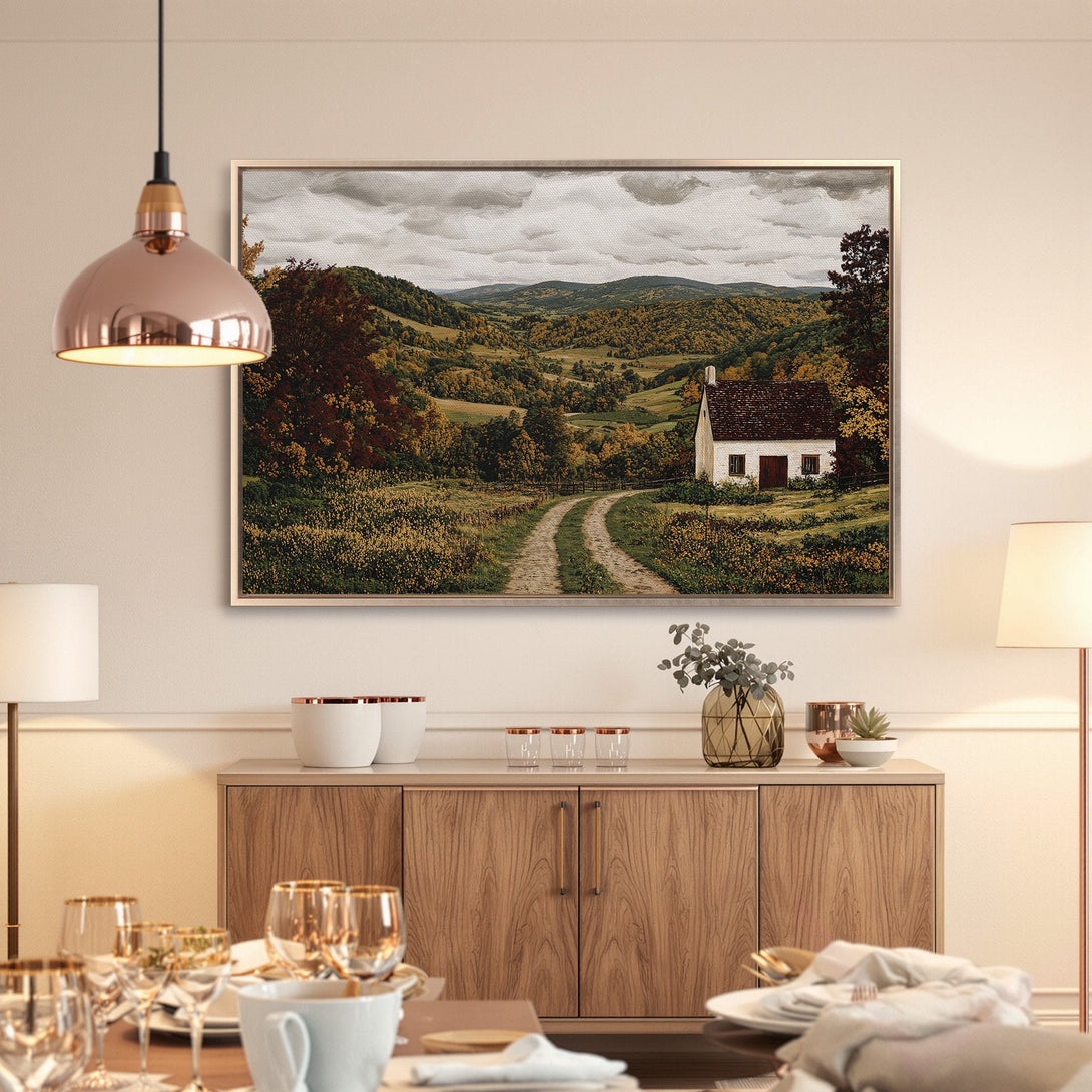 Framed Wall Art: Landscape painting of a white house in a valley with a warm, earthy color palette. Perfect for adding a touch of nature to your home.