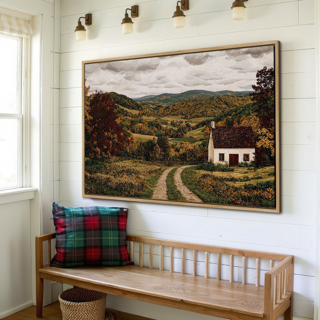 Framed Wall Art: Rustic landscape Canvas Print with a charming cottage. Warm autumn color palette adds cozy farmhouse style to any space.
