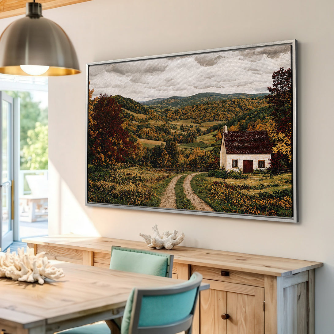 Framed Wall Art: Scenic landscape Canvas Print with a rustic farmhouse, featuring warm autumn colors and a cozy interior setting.