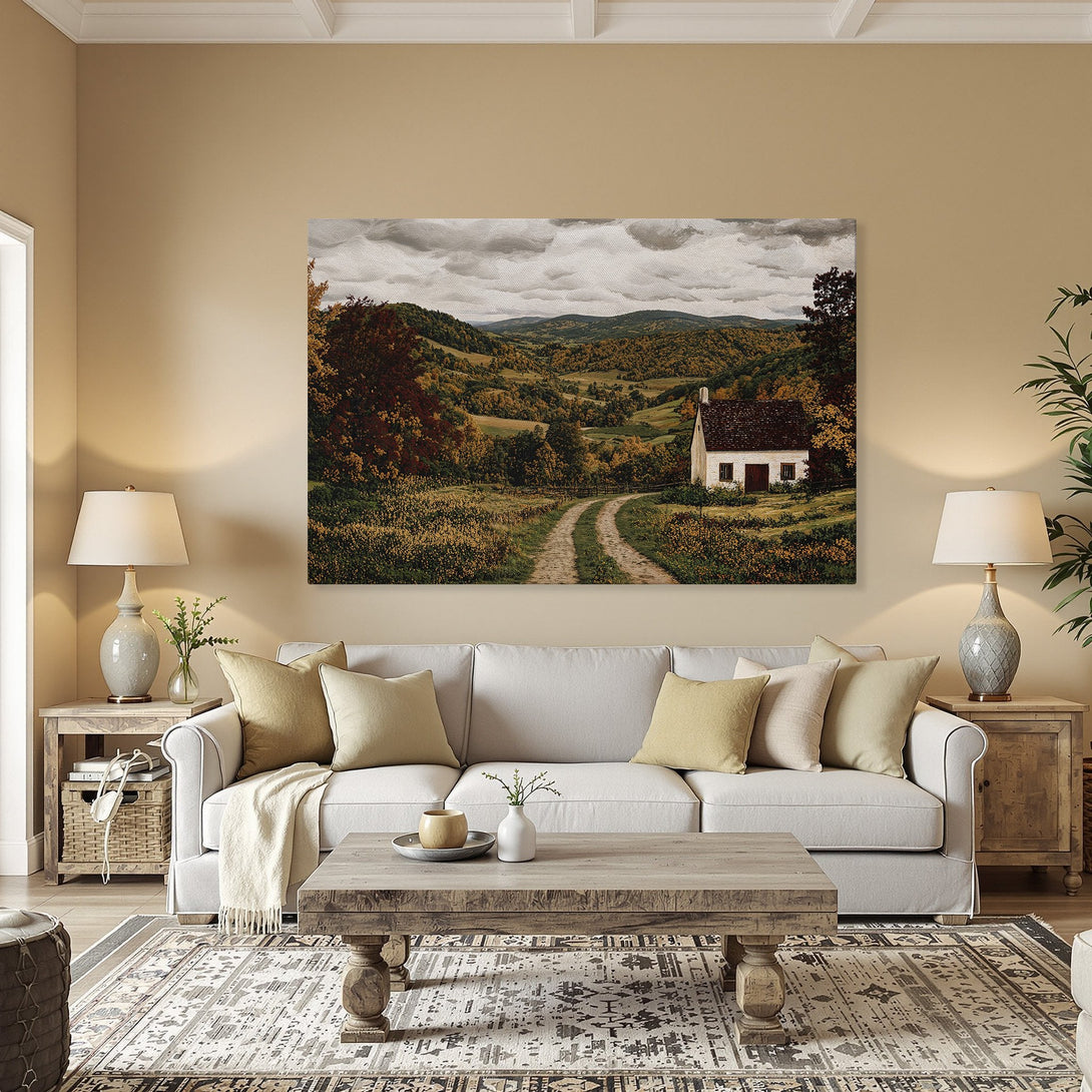 Framed Wall Art: Landscape Canvas Print with a cozy cottage scene in warm autumn colors. Perfect for adding rustic charm to any space.