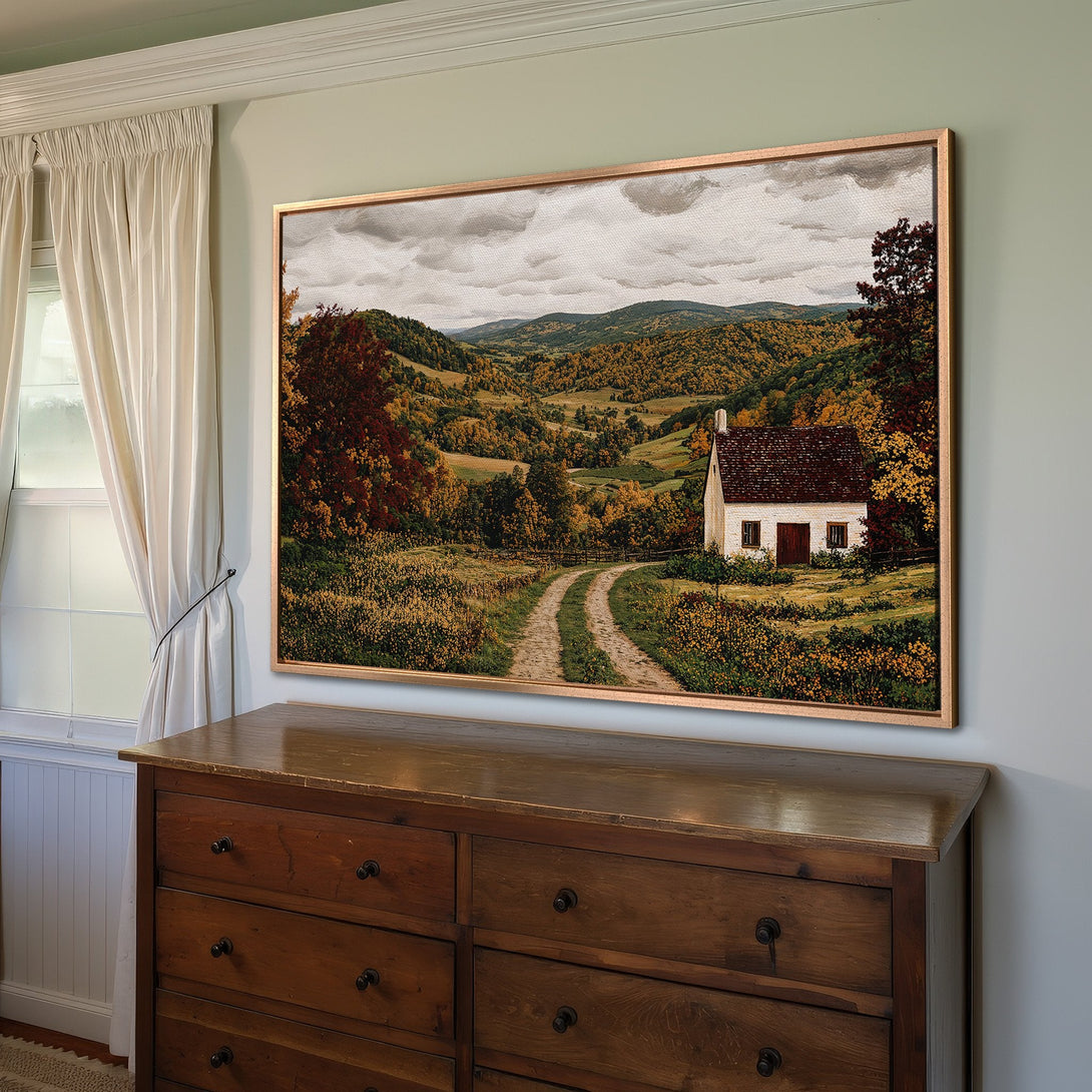Framed Wall Art: Scenic landscape Canvas Print with warm autumn colors, featuring a white cottage, perfect for adding rustic charm to your home.