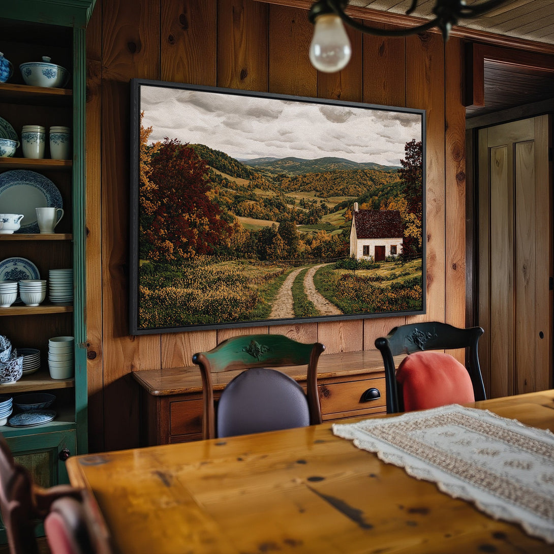 Framed Wall Art: Landscape Canvas Print with a rustic farmhouse scene in warm, earthy tones. Perfect for adding cozy charm to your home decor.