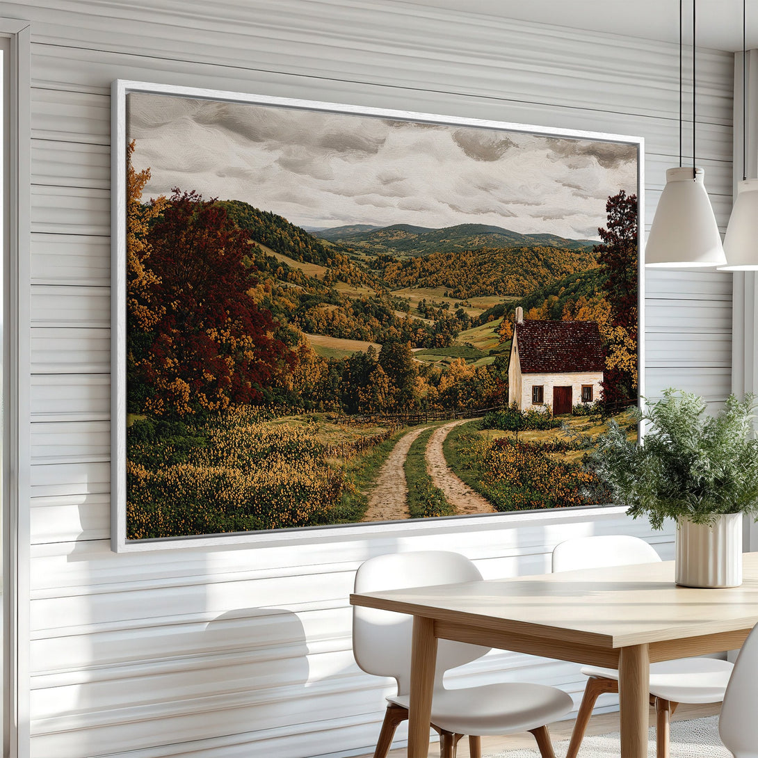 Framed Wall Art: Landscape Canvas Print featuring a scenic countryside with warm autumn colors. Perfect for adding a touch of nature and vintage charm to your home.