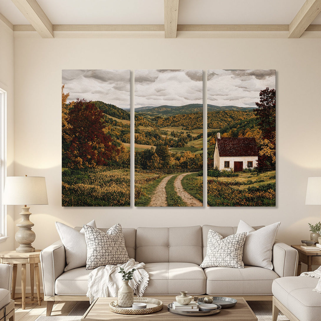Canvas Print of a serene landscape with a country road, farmhouse, and fall colors. Warm, inviting palette perfect for home decor.