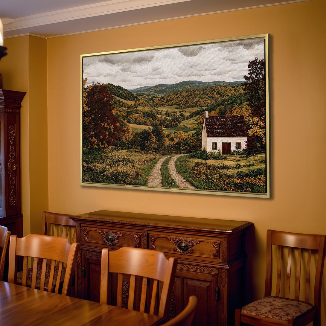 Canvas Print of a serene landscape with a white house, featuring warm autumn colors. Perfect for adding a touch of rustic charm to your home.