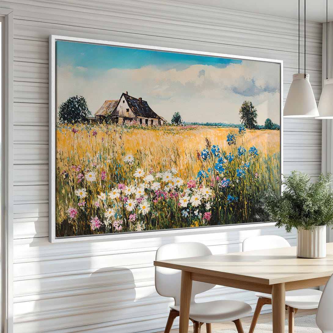 Framed Wall Art: Rustic landscape painting with a farmhouse, wildflowers, and a warm color palette. Perfect for adding a touch of nature and charm to your home.