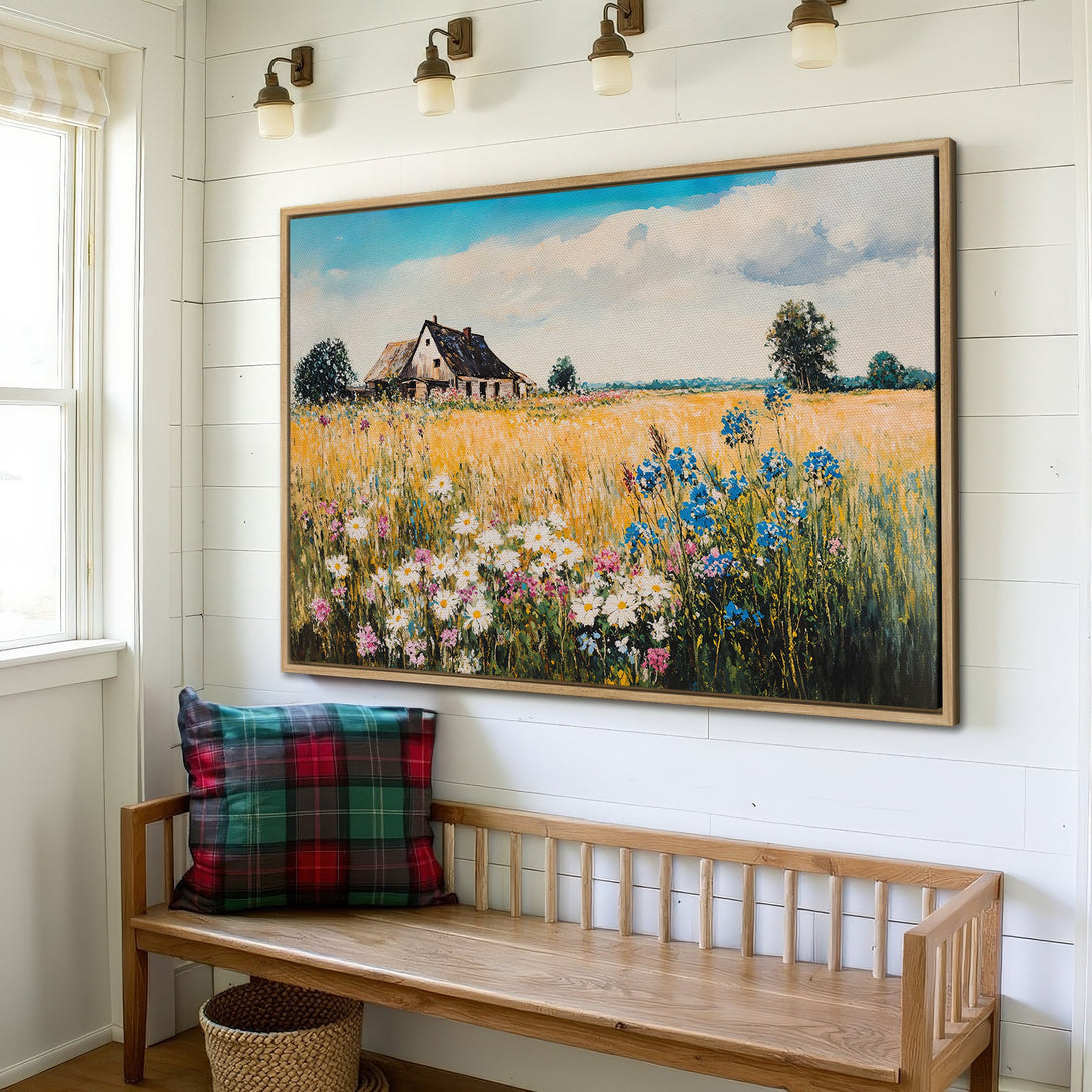 Framed Wall Art: Rustic landscape Canvas Print with a farmhouse scene, featuring a warm, inviting color palette of blues, yellows, and greens.