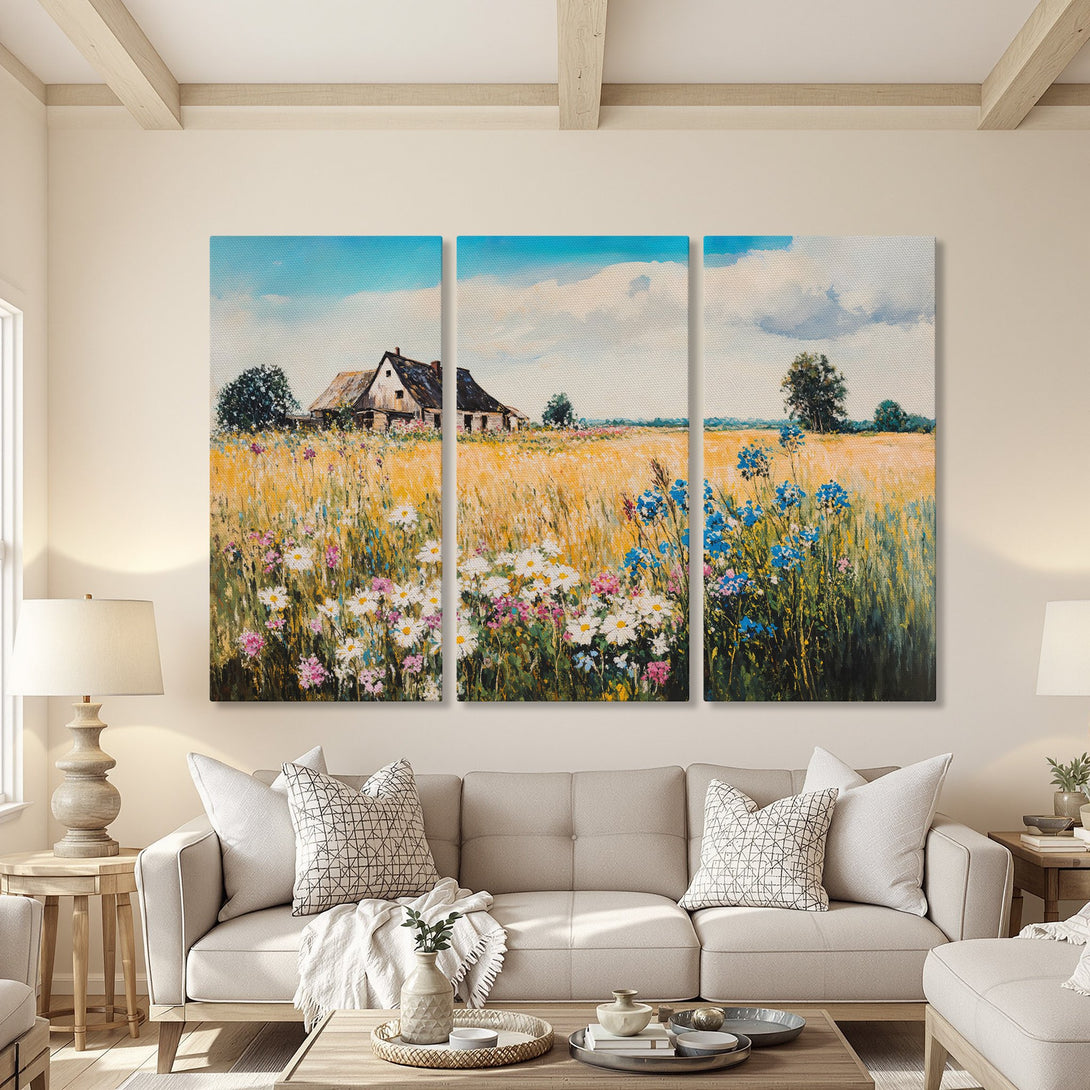Canvas Print of a rustic landscape painting with a barn, wildflowers, and a warm, inviting color palette. Perfect for adding a touch of nature to your home.